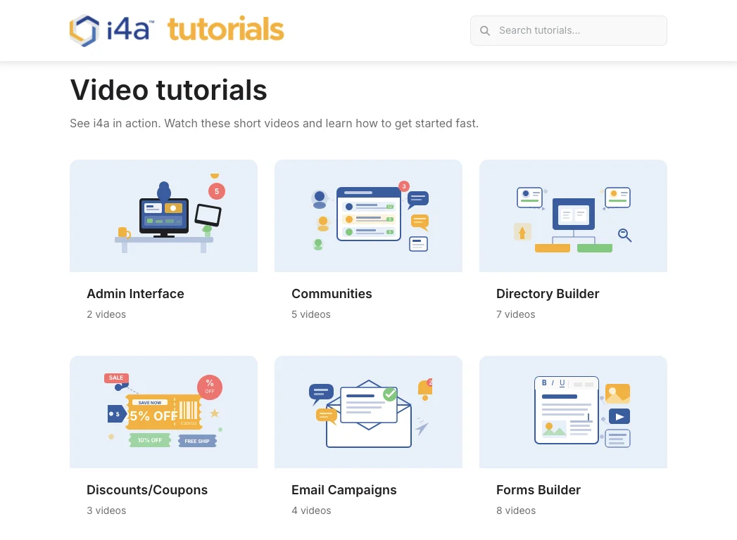 i4a video tutorial library showing topic categories including Admin Interface, Communities, Directory Builder, Email Campaigns, and Forms Builder with search bar