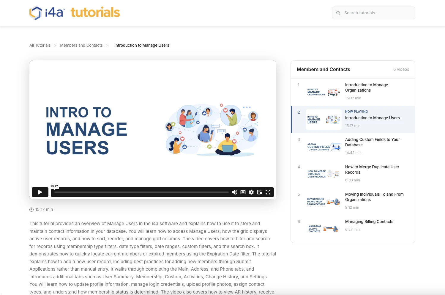 i4a video tutorial player showing a Members and Contacts walkthrough with playlist sidebar including custom fields, merging duplicates, and managing billing contacts