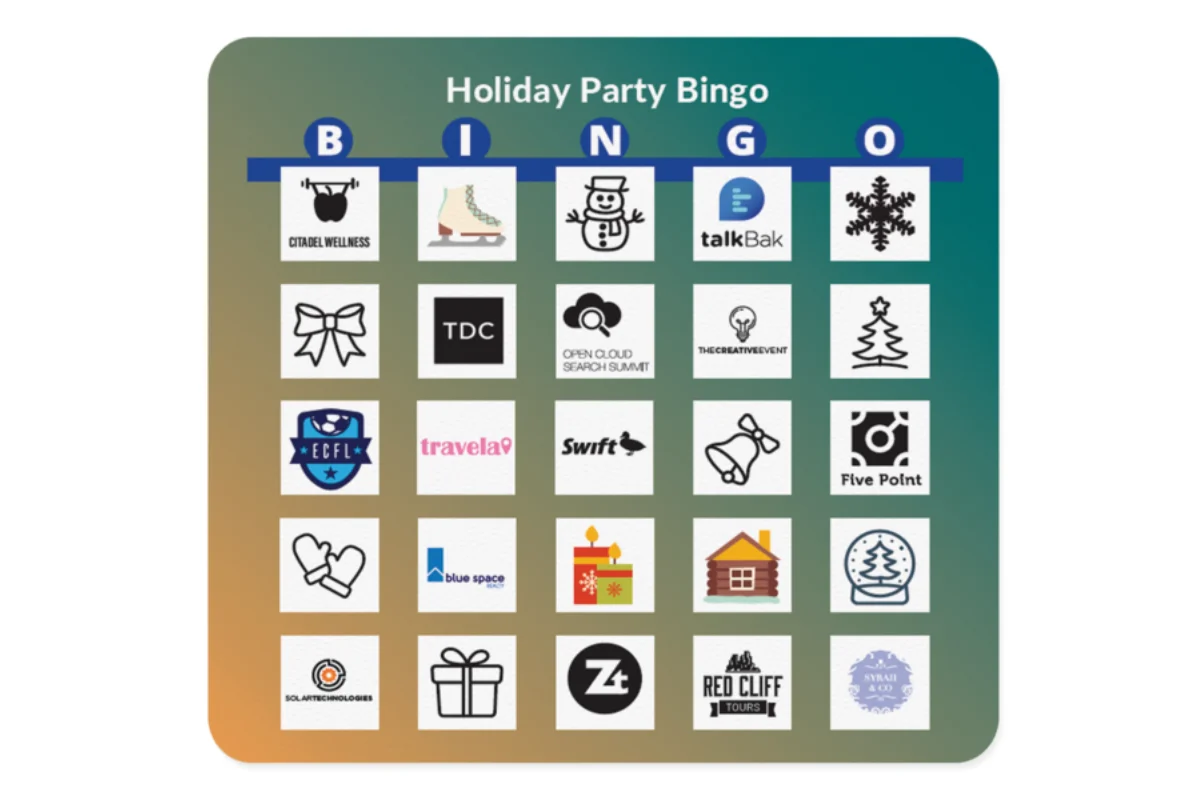 Holiday Party Bingo card with sponsor and exhibitor logos arranged in a 5x5 grid.