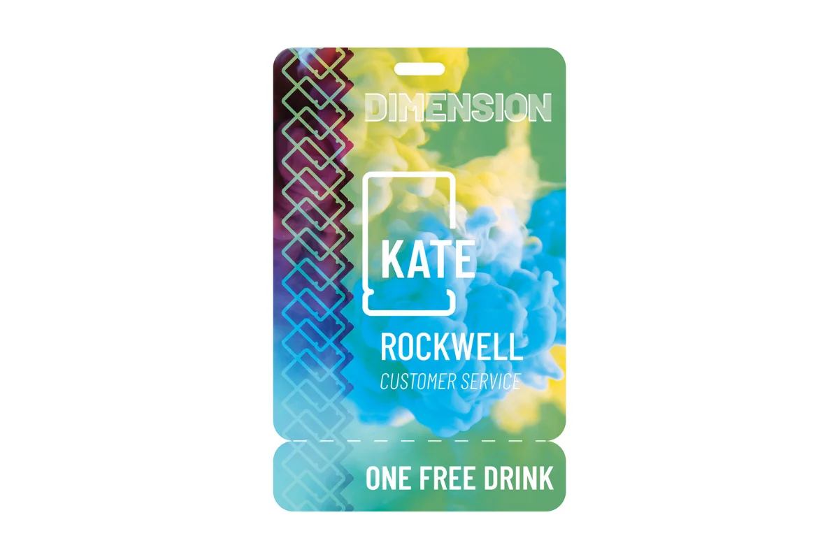 Snap Pass event badge for Kate Rockwell with a perforated One Free Drink tear-off section.
