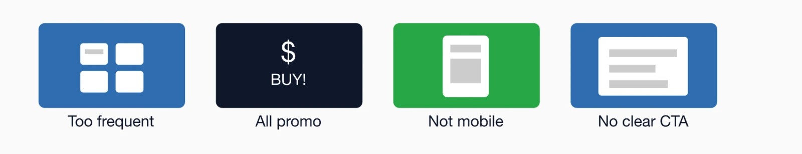 Common email mistakes: Too frequent, All promotional, Not mobile-optimized, and No clear CTA.