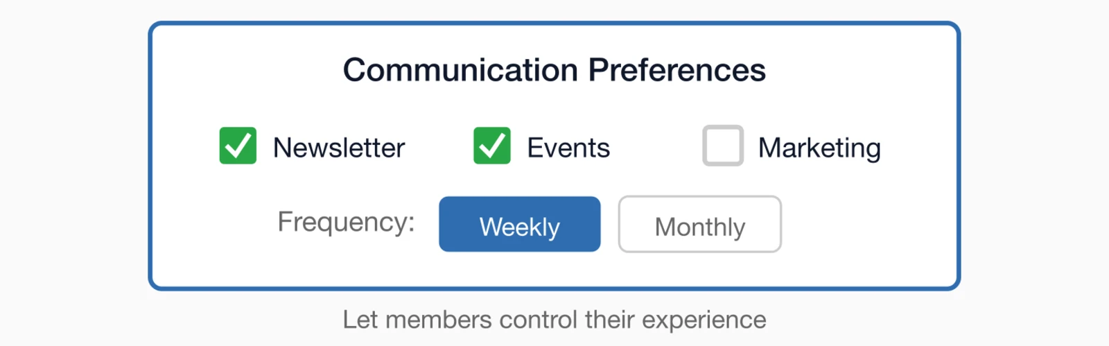 Communication preferences panel with checkboxes for Newsletter, Events, and Marketing.
