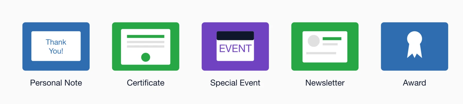 Volunteer recognition approaches: Personal Note, Certificate, Special Event, Newsletter, and Award icons.