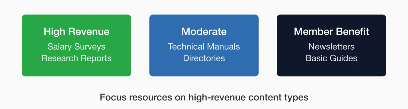 Content monetization tiers: High Revenue (Salary Surveys, Research Reports), Moderate (Technical Manuals, Directories).
