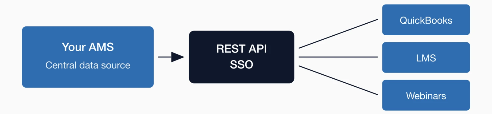 Diagram AMS as central data source connecting via REST API and SSO to external systems : QuickBooks, LMS.