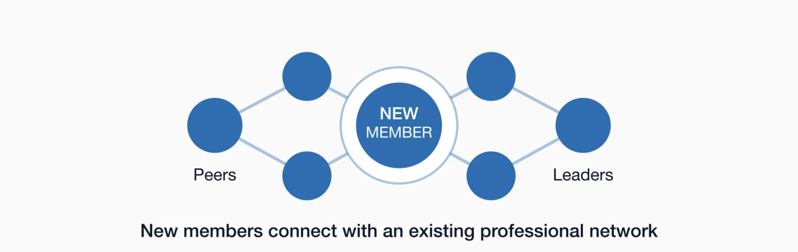 Network diagram showing new members connecting with peers and leaders in an existing professional community.
