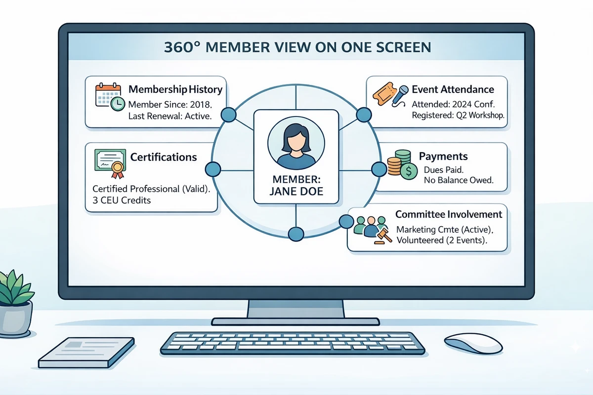 Illustration of a 360-degree member view showing membership history, event attendance, payments, committee involvement, and certifications in one record.