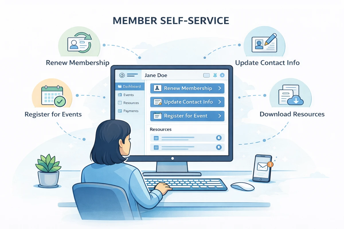Illustration showing member self-service capabilities: online renewals, event registration, profile updates, and resource downloads.