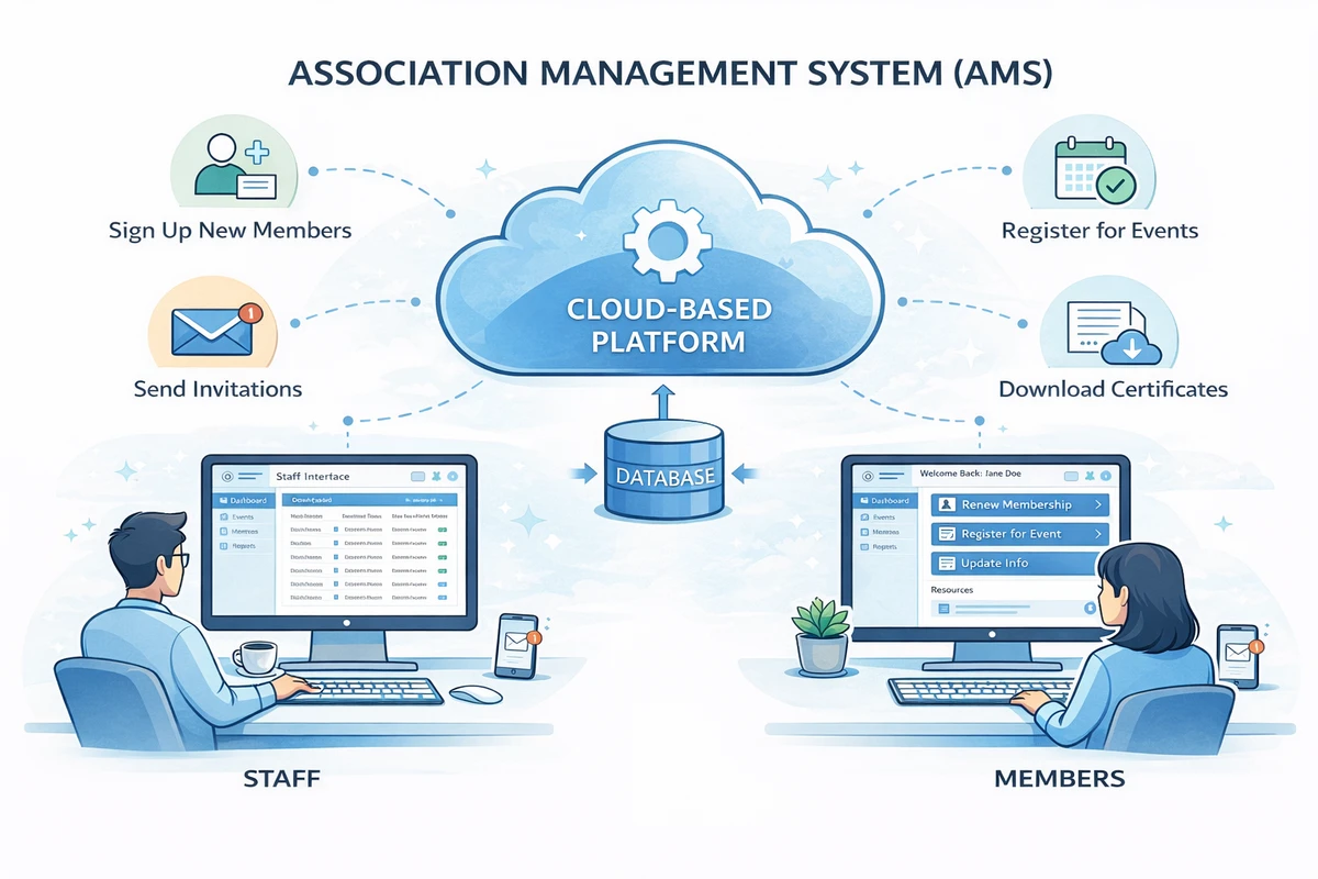 Diagram showing how a cloud-based AMS connects staff tools, member data, and member-facing portals in one unified platform.