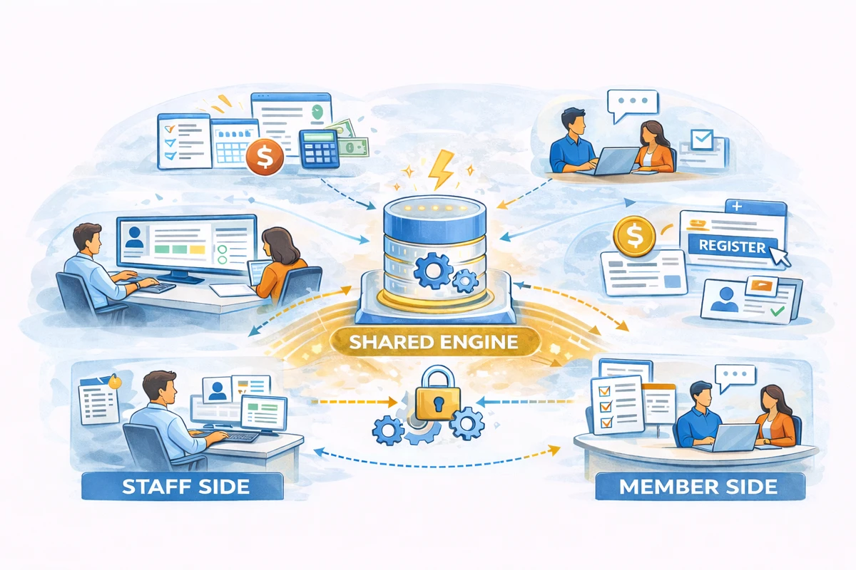 Diagram showing how an AMS works: staff tools on top, AMS platform in the middle, and member portal on the bottom.