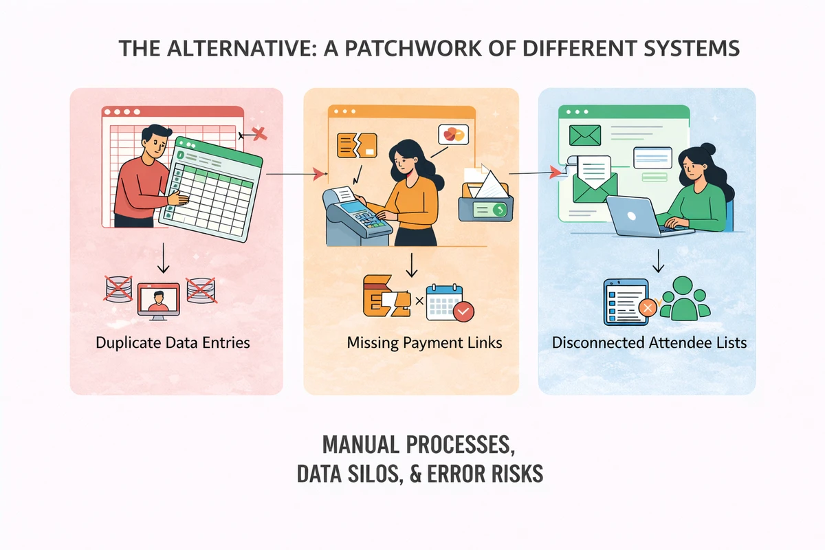 Illustration showing manual processes, data silos, and error risk without an AMS.