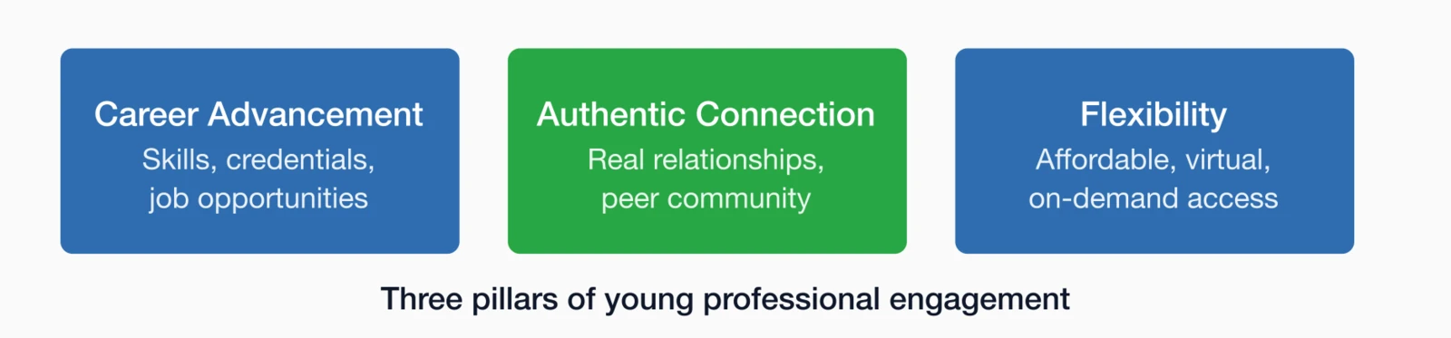 Three pillars of young professional engagement: Career Advancement, Authentic Connection, and Flexibility.