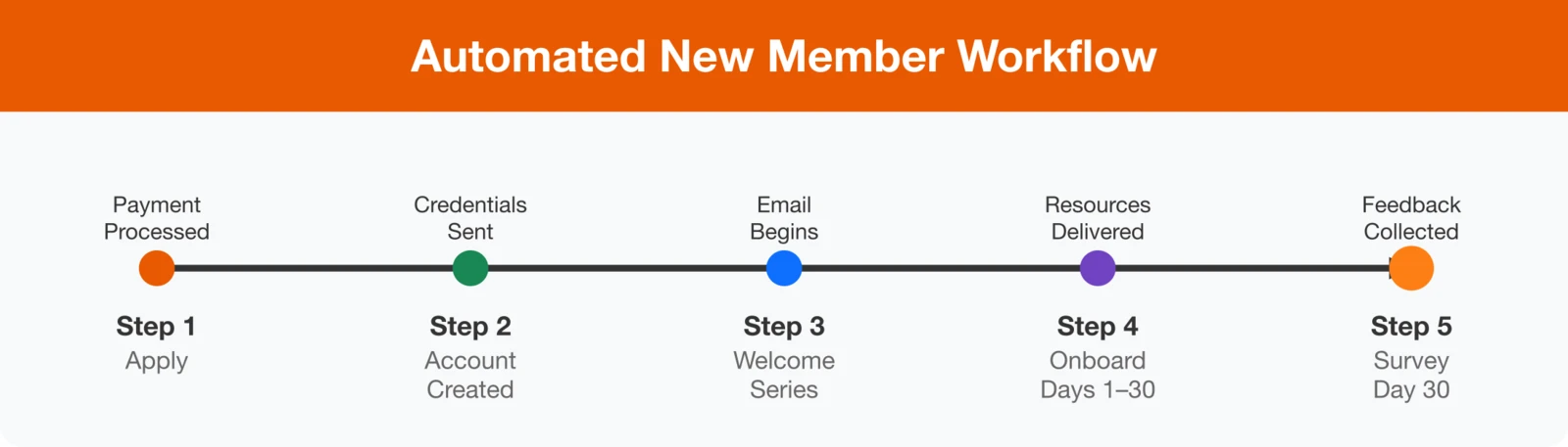 Automated New Member Workflow: 5 Steps from Application to Survey showing payment processing, account creation, welcome series, onboarding, and feedback collection.