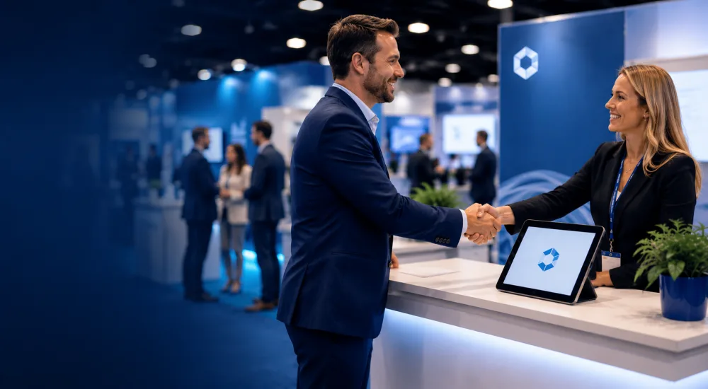 i4a team member welcoming a trade association leader at an industry trade show booth