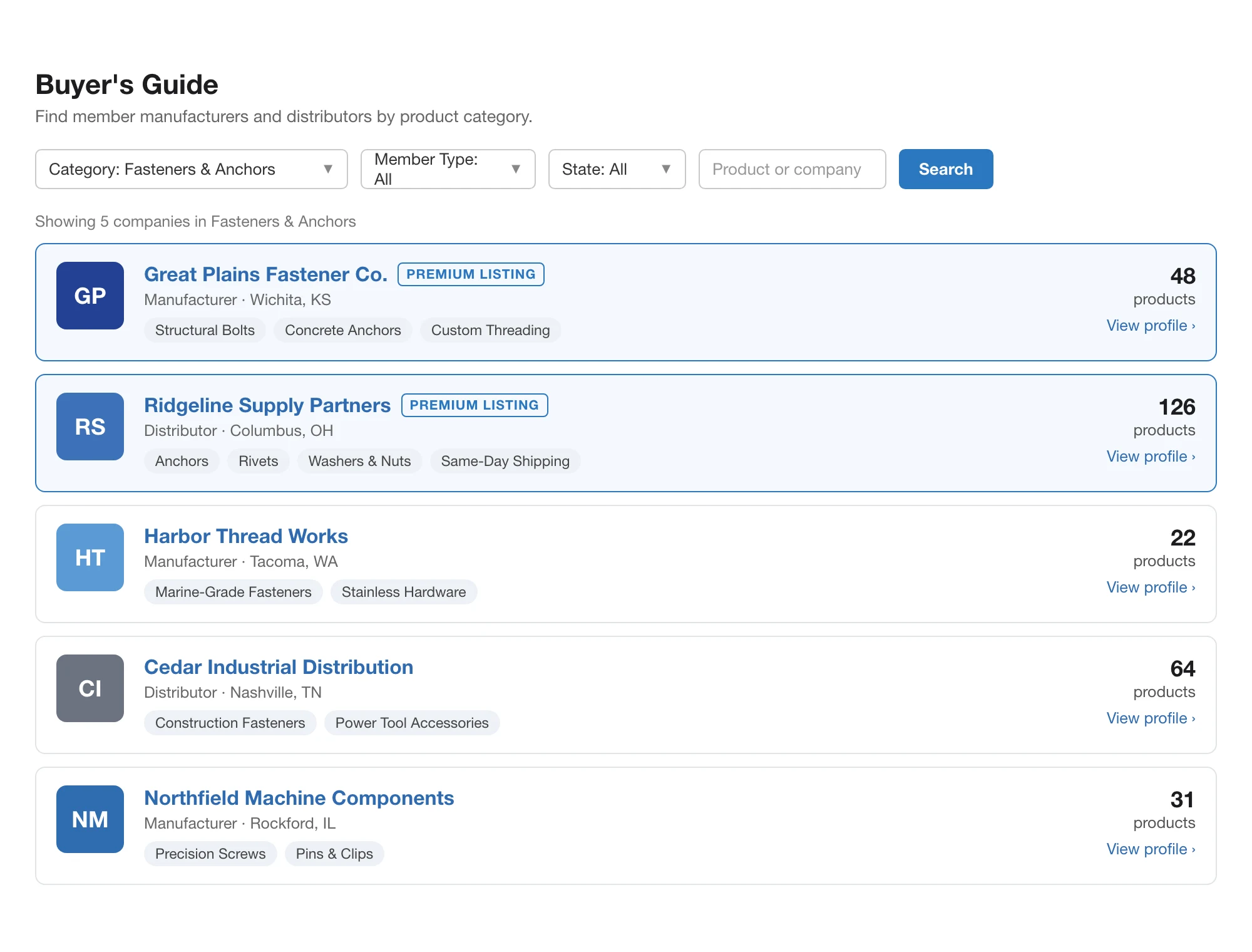 Buyer's guide in i4a trade association software listing member manufacturers and distributors by product category, with premium listings and product counts