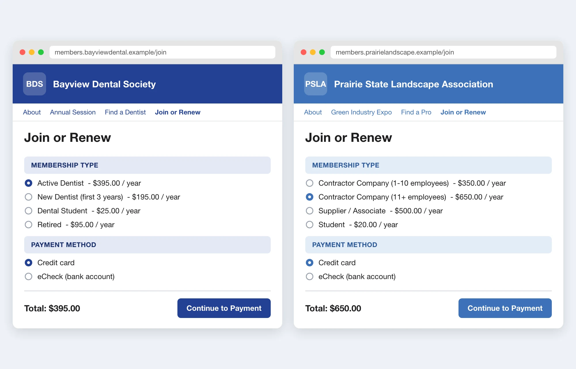 Join or Renew pages for two client associations of an association management company, each with its own name, colors, web address and member types