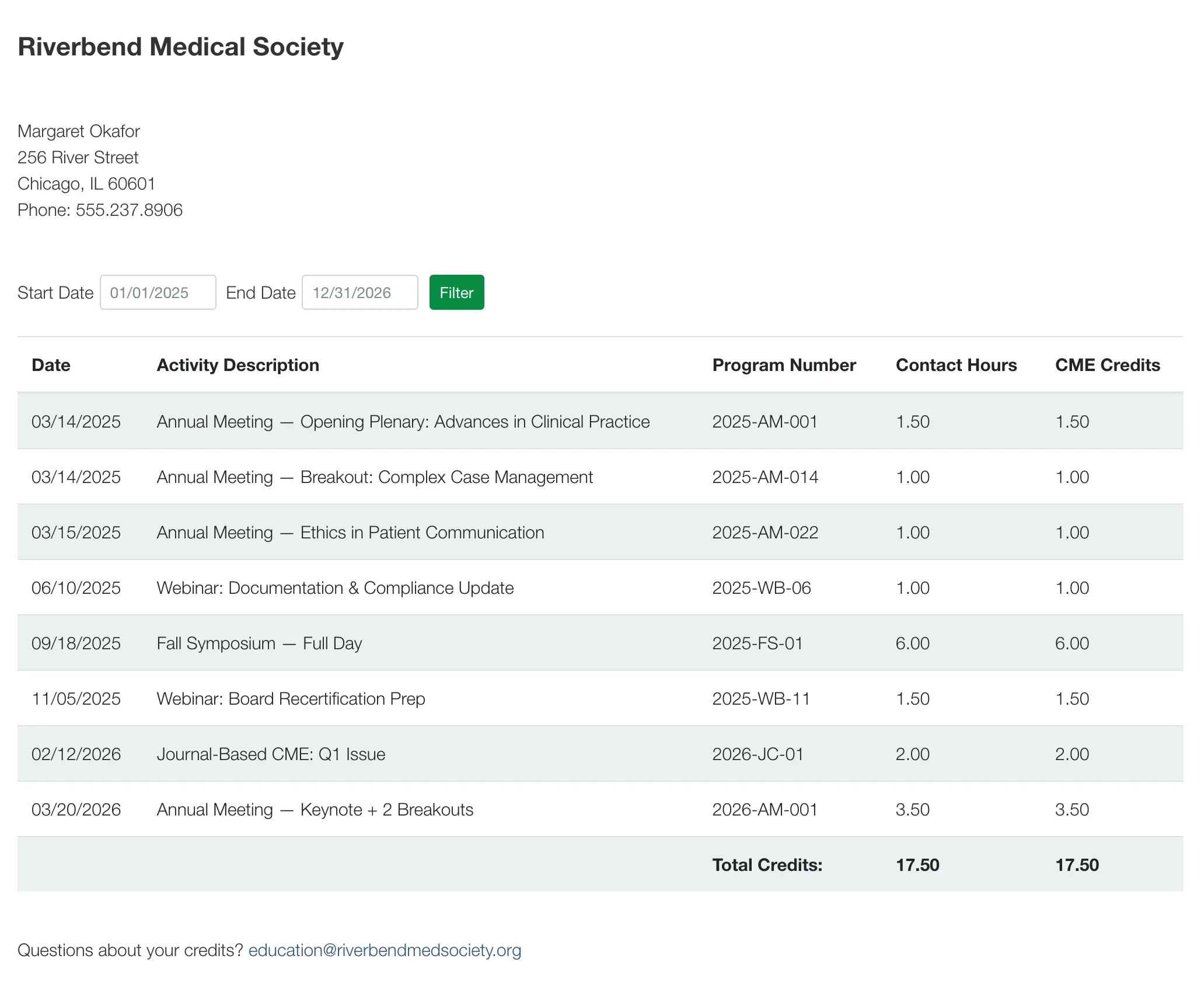 Member CME transcript in i4a medical association management software showing session-level CME credits, program numbers, and contact hours