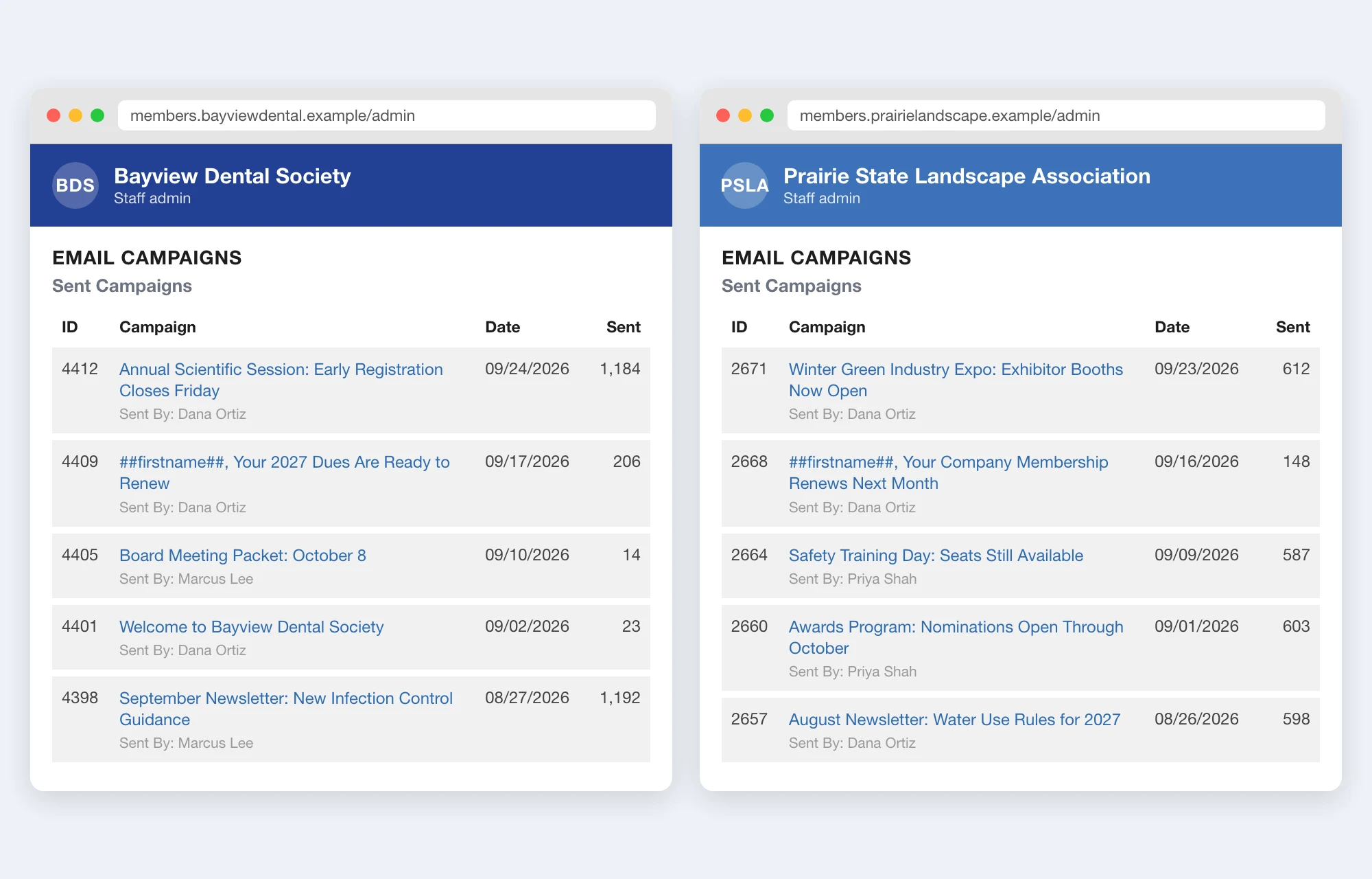 The same i4a email campaign screen on two client associations of an association management company, a dental society and a landscape association, each on its own site with its own data