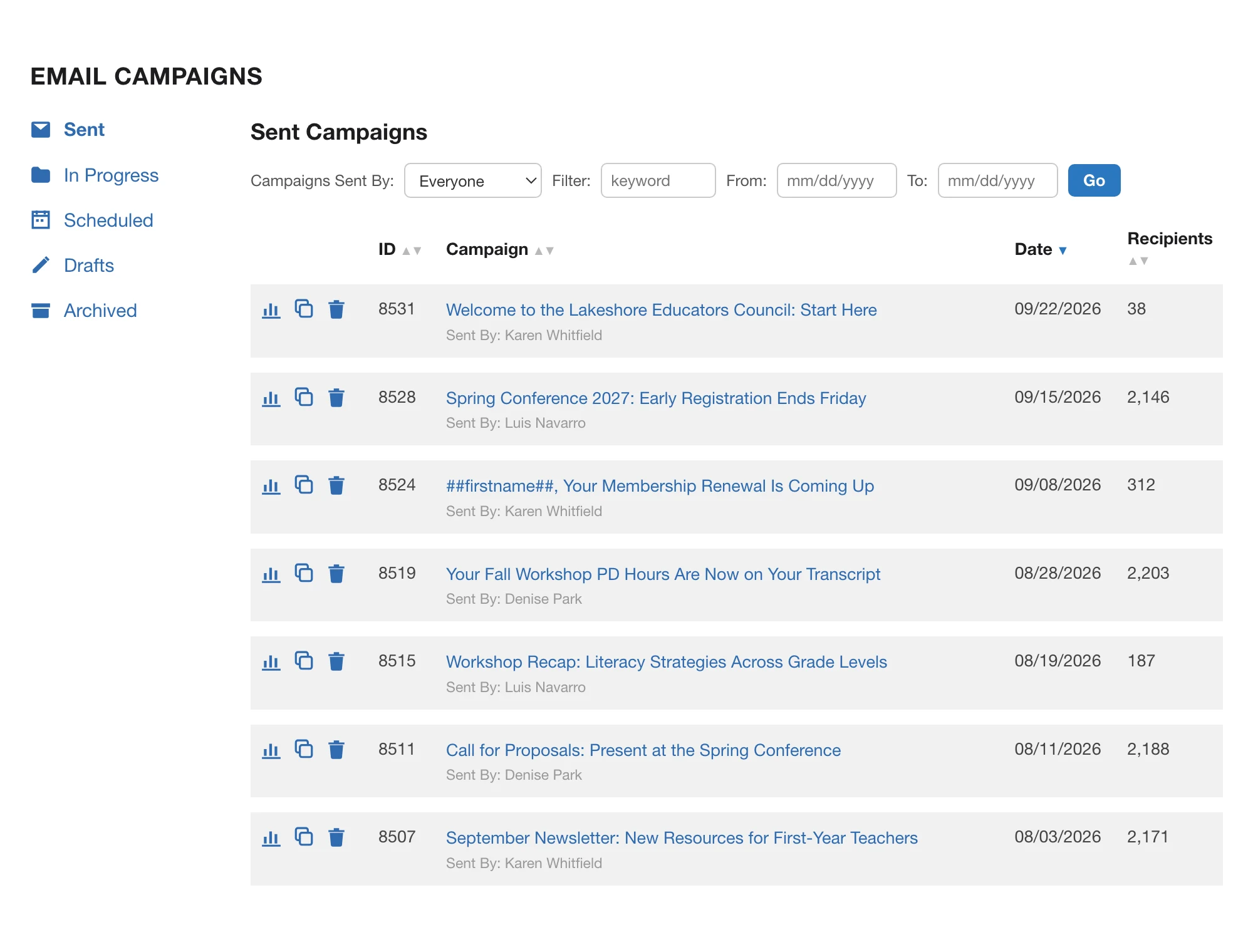 Email campaign list in i4a education association software showing a welcome email, conference early registration, a renewal reminder, a PD transcript update, a workshop recap, a call for proposals and a newsletter