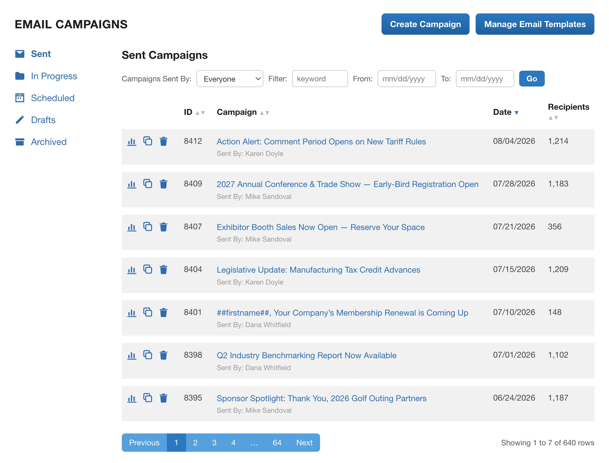 Email campaign manager in i4a trade association software showing advocacy alerts, trade show promotions, and membership renewal emails