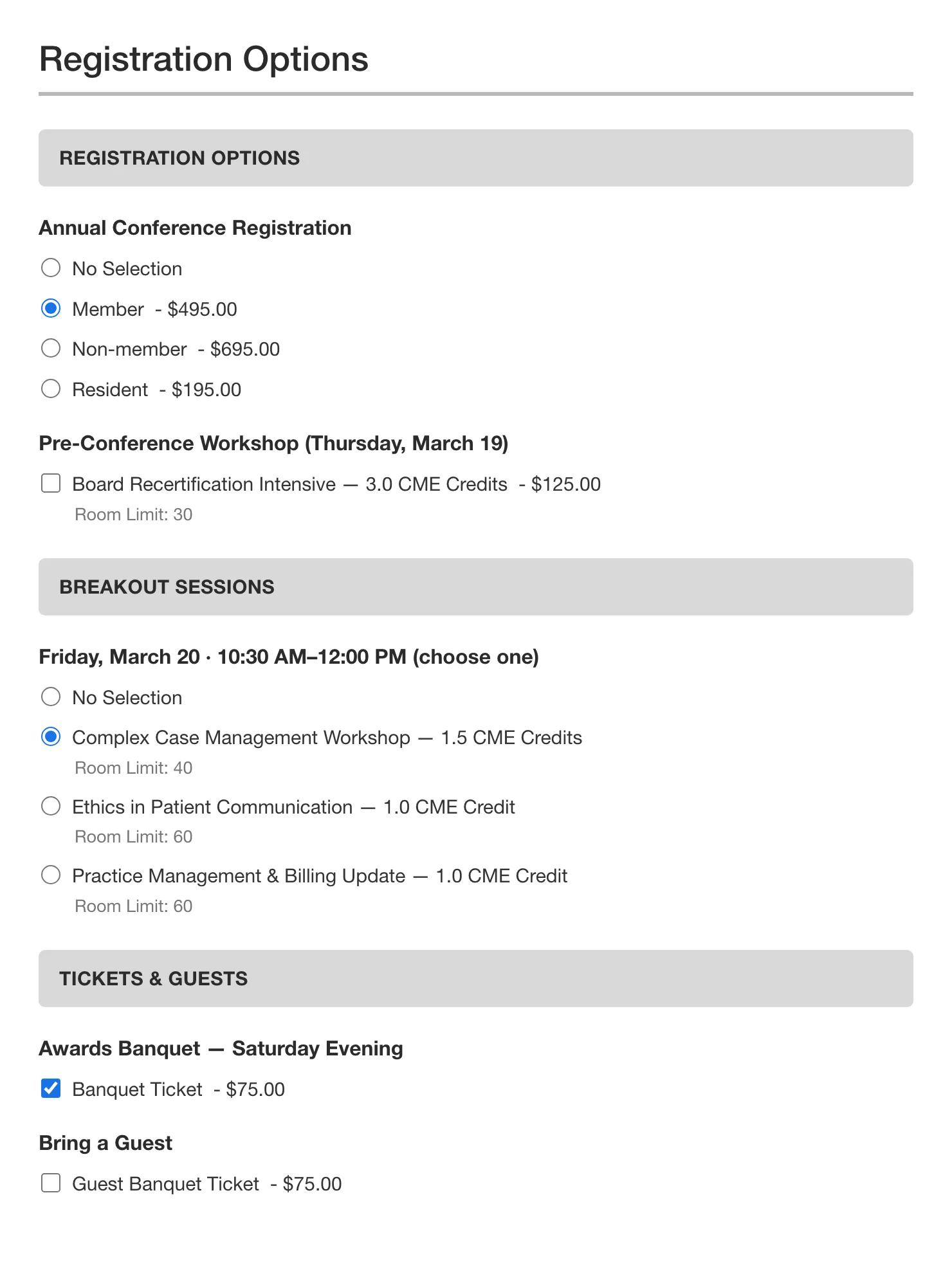 Medical conference registration form in i4a showing member pricing tiers, session-level CME credits, and room capacity limits