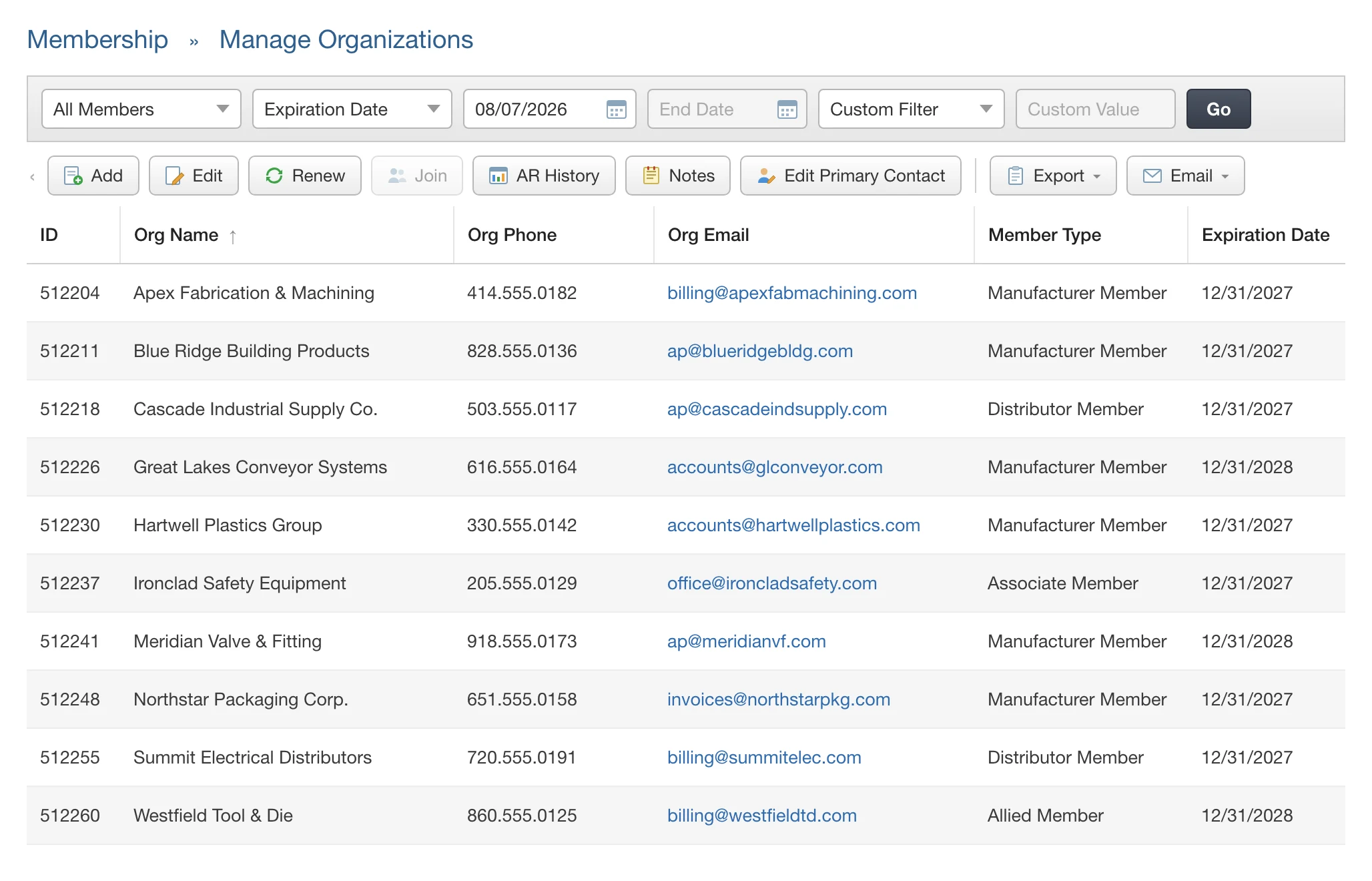 Member company management in i4a trade association software: organization records with trade membership types and company-level renewal dates