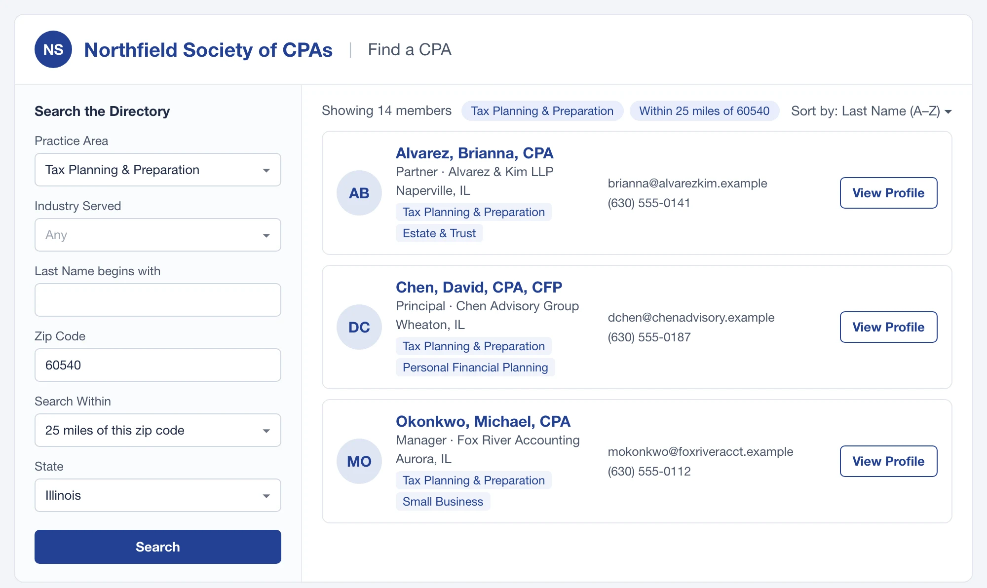 Find a CPA directory in i4a professional association software with practice area, industry, name, zip code distance and state filters beside matching member listings