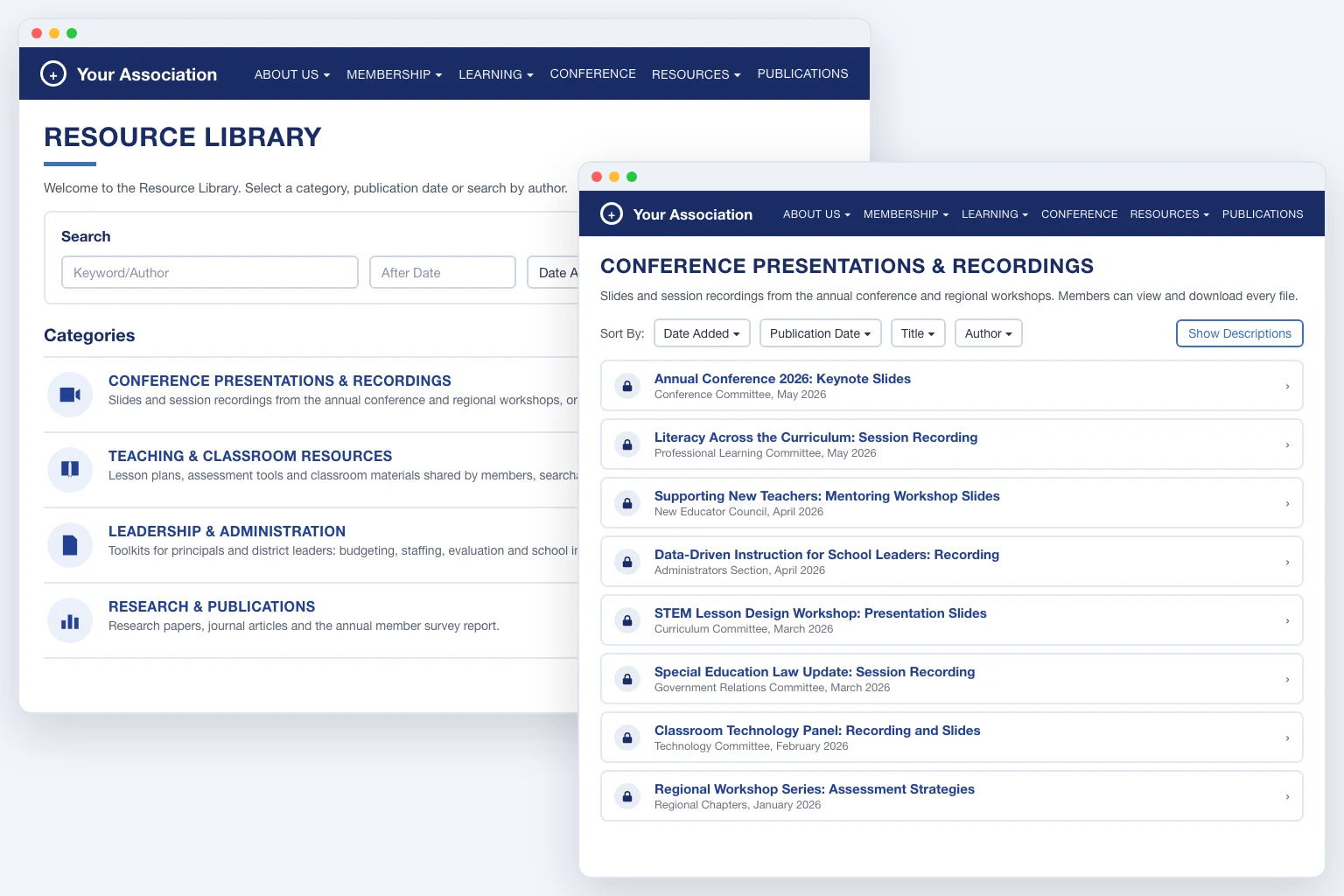 Education association resource library in i4a: categories for conference presentations, teaching resources, leadership toolkits and research, next to a members-only list of conference slides and session recordings