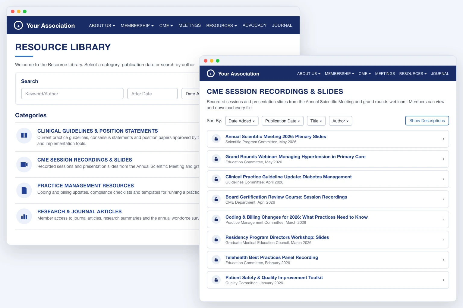 Medical society resource library in i4a: categories for clinical guidelines, CME session recordings, practice management and journal articles, next to a members-only list of meeting slides and webinar recordings