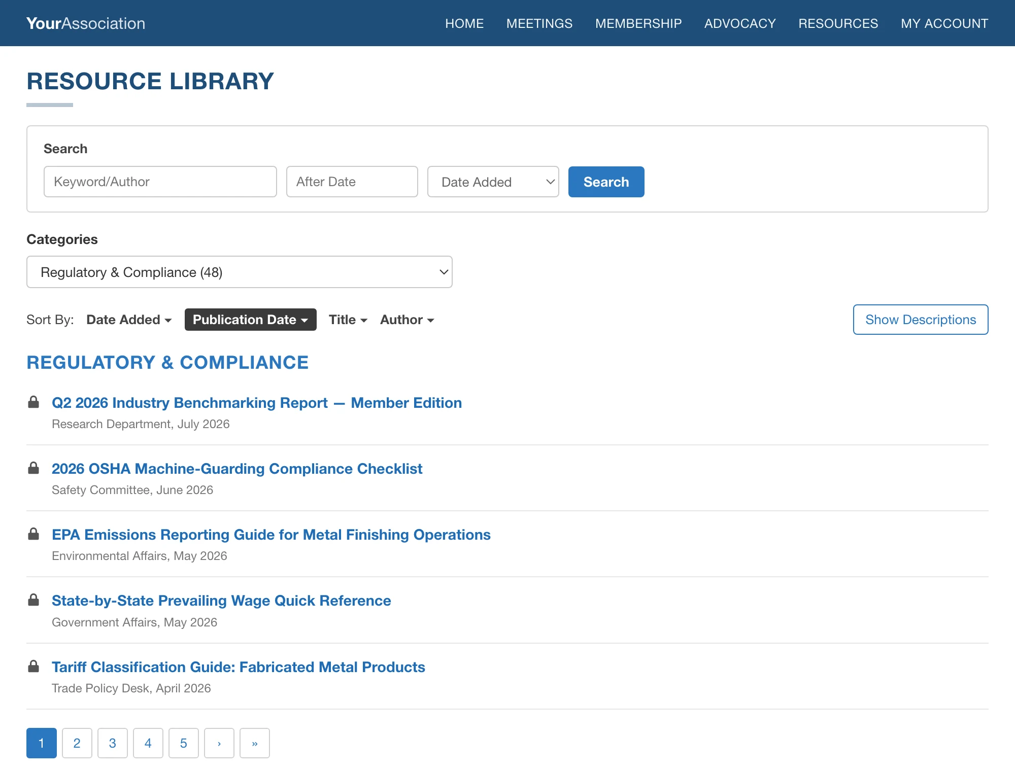 Members-only resource library on an i4a trade association website with compliance guides, benchmarking reports, and industry templates