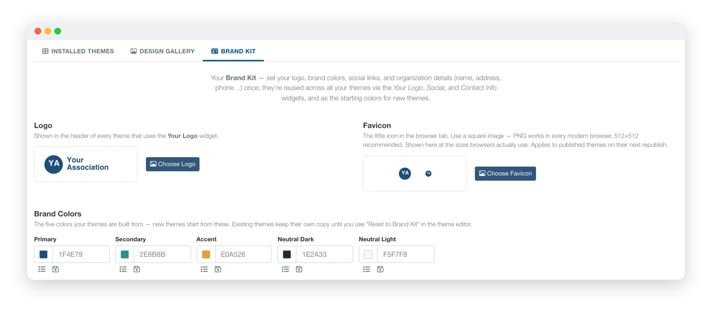The Theme Manager Brand Kit with an association logo, favicon and five brand colors.