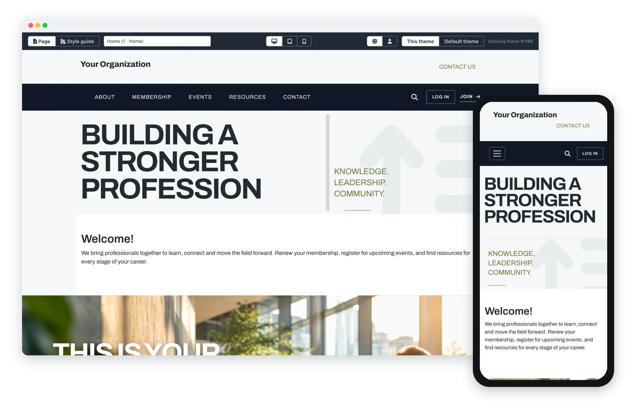 A website theme previewed on an association's own home page at desktop width, with the same page shown on a phone.
