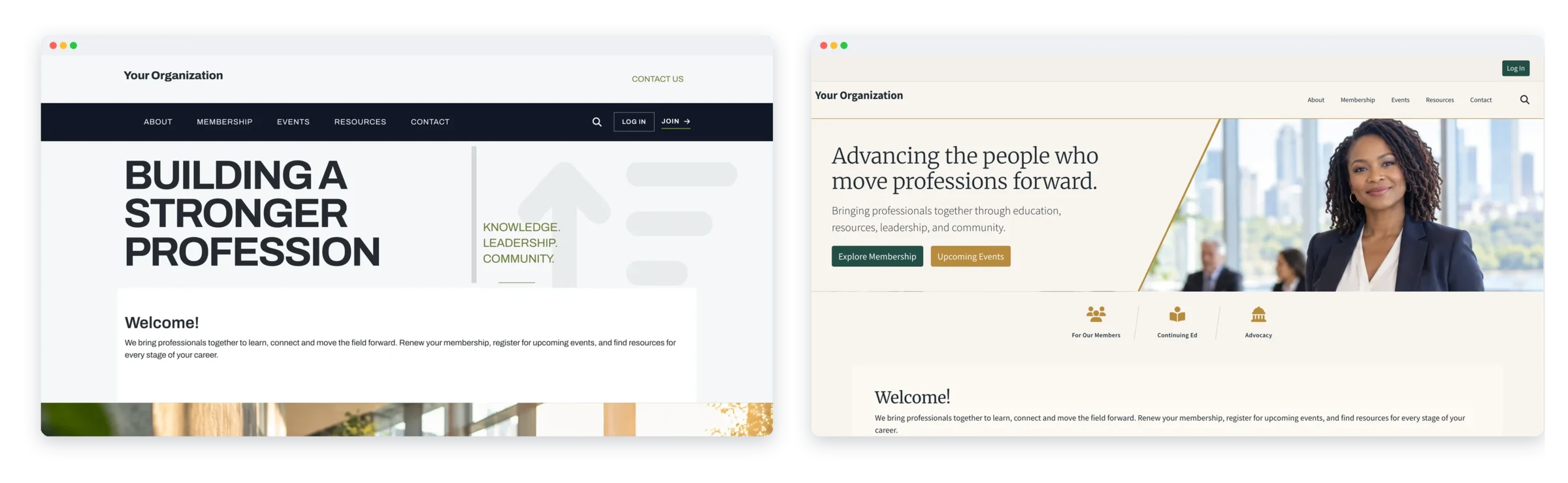 The same association home page shown in two different Theme Manager themes side by side.