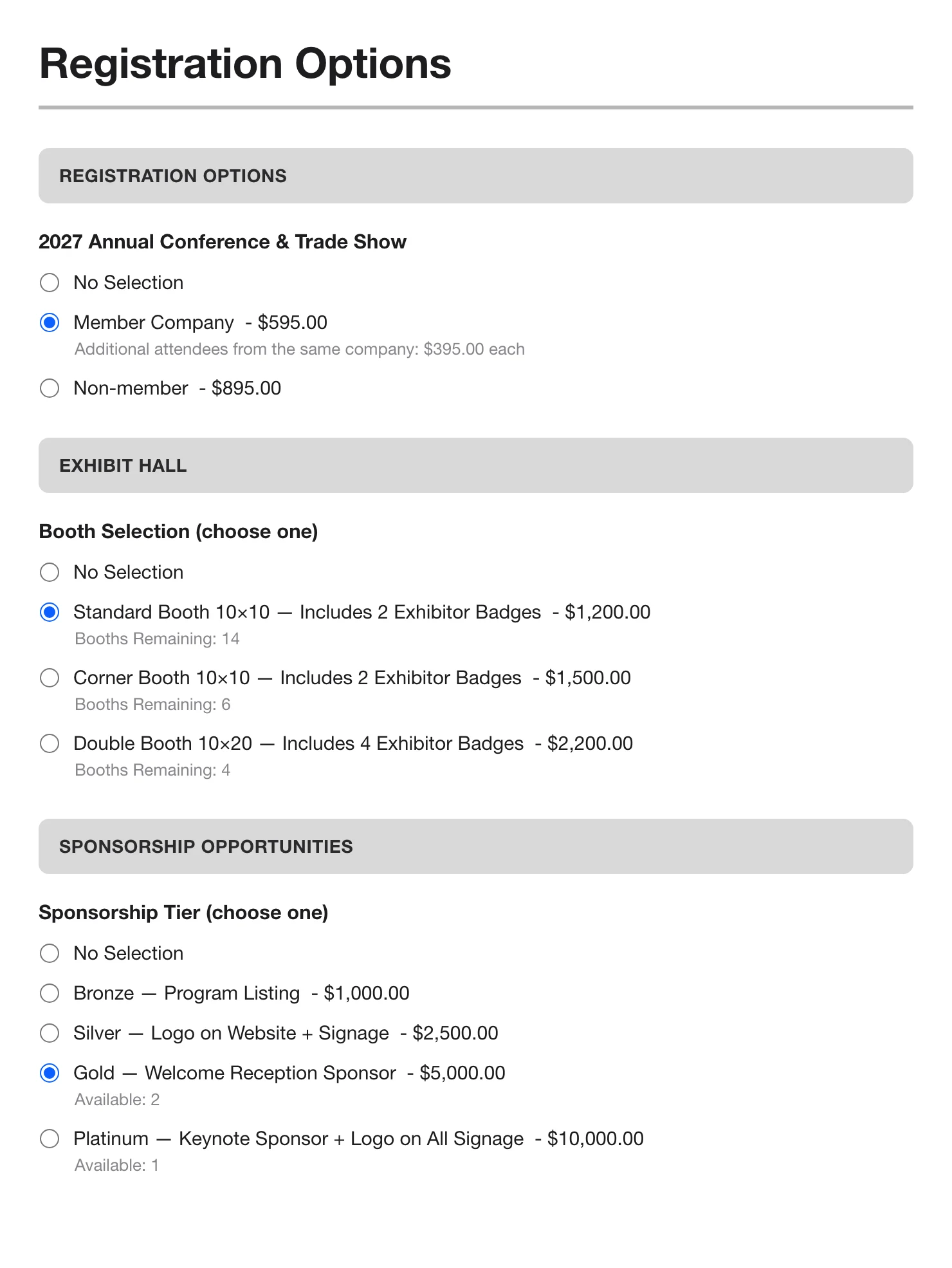 Trade show registration form in i4a showing member company pricing, exhibitor booth options with capacity limits, and bronze to platinum sponsorship tiers